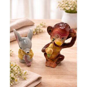 Vintage Monkey & Donkey Ceramic Figurine Set With Glossy Finish Hand-Painted